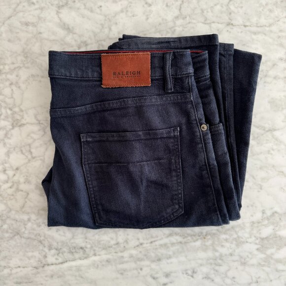 Raleigh Denim, handcrafted in U.S.A. Dark blue, slim-fit, denim. 34 x 34.